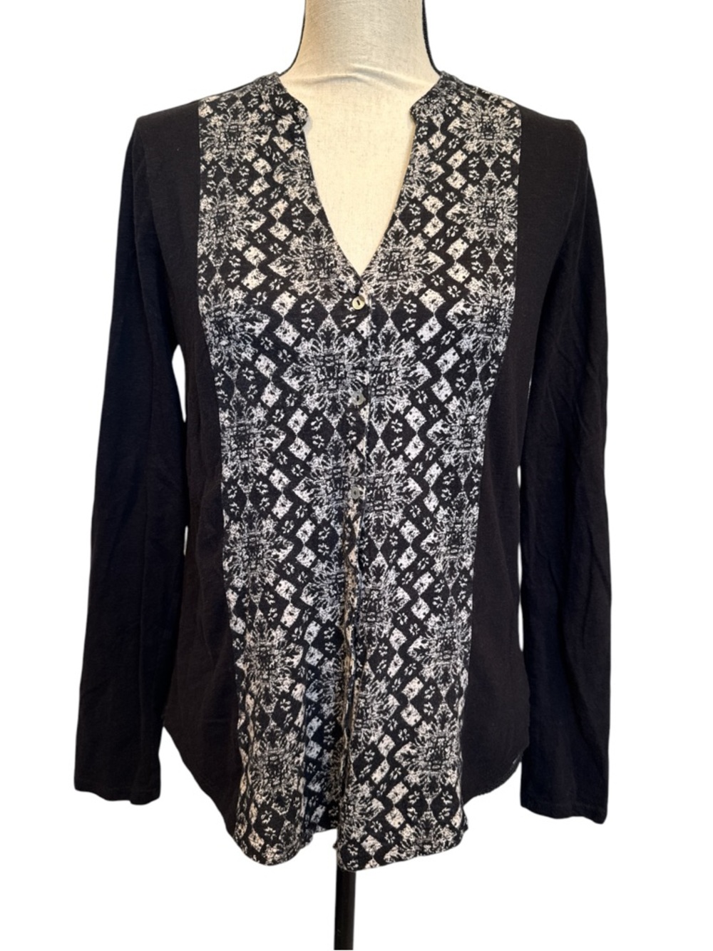 Lucky Brand Long Sleeve Button Front Boho Style Black and White Top Medium